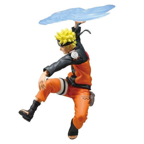 Vue arrière de profil de Naruto Uzumaki avec tenue orange, sacoche ninja et Rasenshuriken.