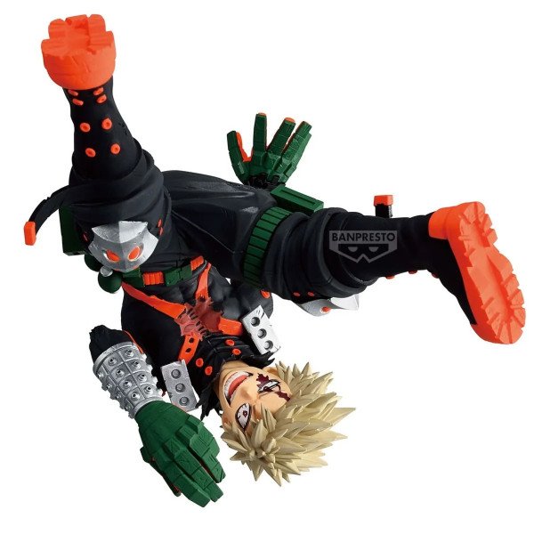 Figurine Katsuki Bakugo Maximatic Banpresto de My Hero Academia en pose acrobatique tête en bas.