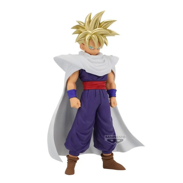 Figurine Super Saiyan Son Gohan II Blood of Saiyans Banpresto de Dragon Ball Z, vue de face avec cape blanche.