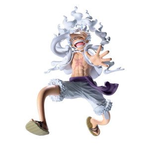 Figurine Monkey D. Luffy Gear 5 III Grandista One Piece vue de face en pose bondissante