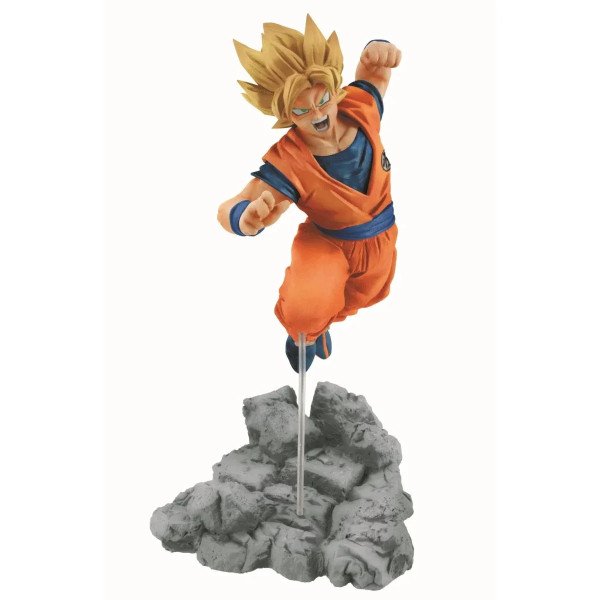 Figurine Son Goku Super Saiyan Soul X Soul Banpresto avec socle rocheux et pose dynamique