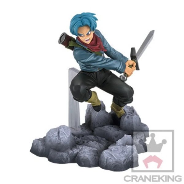 Figurine Trunks Soul X Soul Banpresto Dragon Ball Super vue de face avec épée et socle rocheux