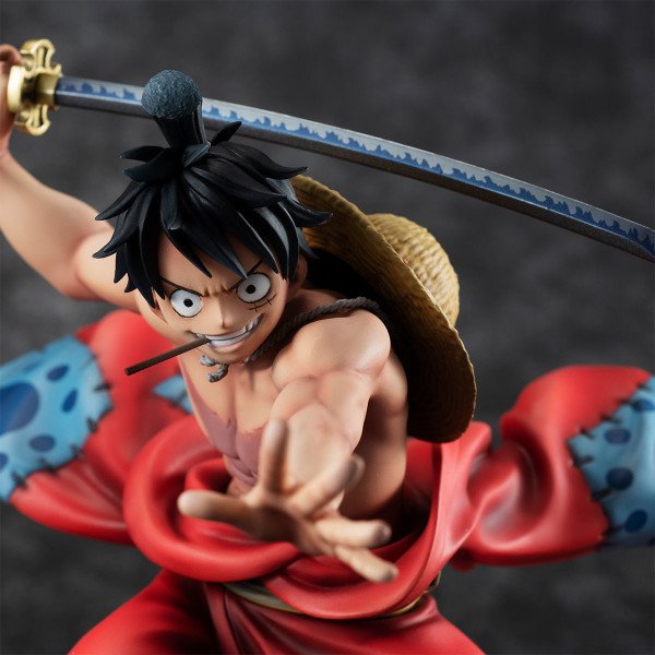 Portrait dynamique de Luffy Taro P.O.P Warriors Alliance avec chapeau de paille et sabre