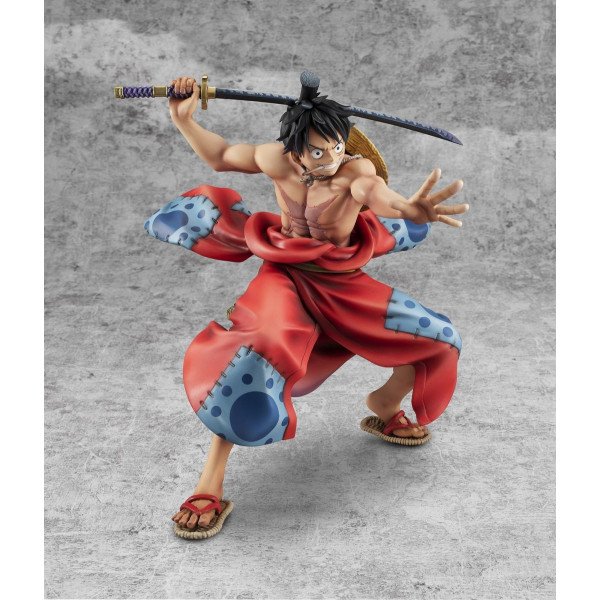 Figurine Luffy Taro P.O.P Warriors Alliance MegaHouse vue dynamique avec kimono rouge