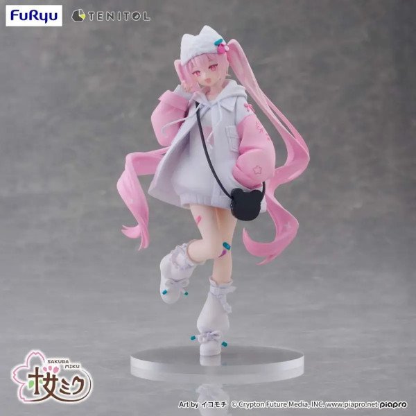 Figurine Hatsune Miku Sakura Miku TENITOL petit en pose dynamique sur socle blanc