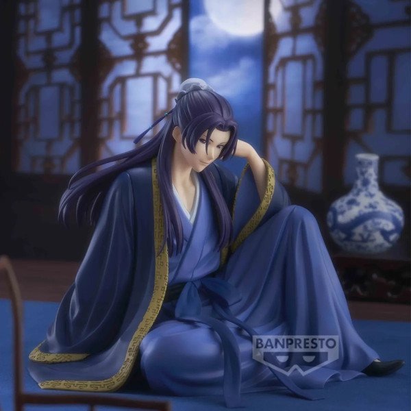 Figurine Jinshi Break Time Collection Banpresto assise en tenue bleue dans un décor intérieur