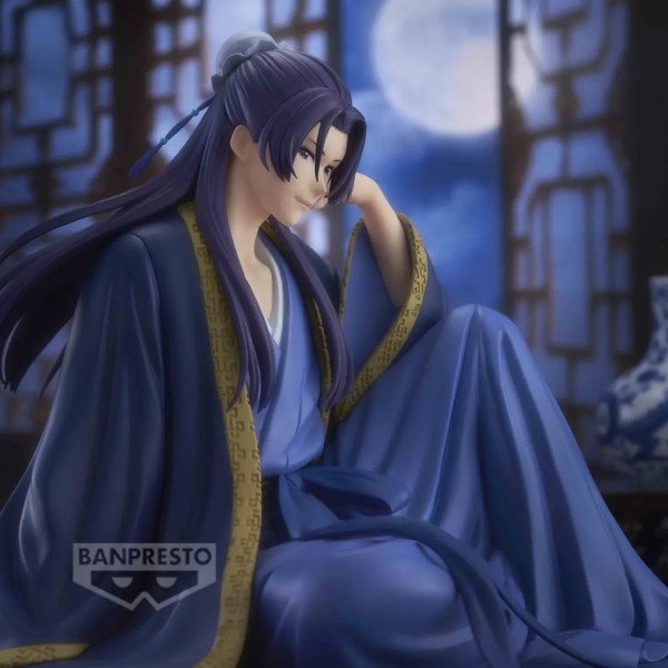 Figurine Jinshi Break Time Banpresto gros plan en tenue bleue devant une fenêtre de nuit