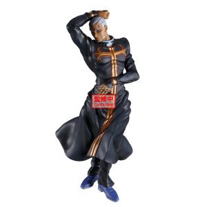 Figurine Enrico Pucci Mometria Banpresto vue de face avec pose élégante et tenue noire Stone Ocean 2