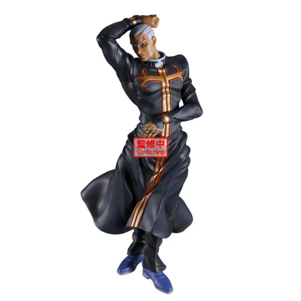 Figurine Enrico Pucci Mometria JoJo Stone Ocean Banpresto en angle avec long manteau noir