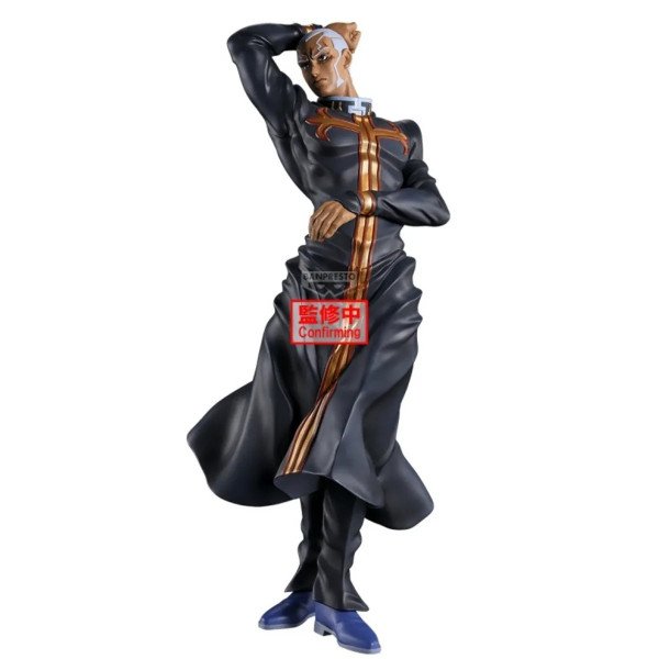 Figurine Enrico Pucci Mometria Banpresto vue de face avec pose élégante et tenue noire Stone Ocean
