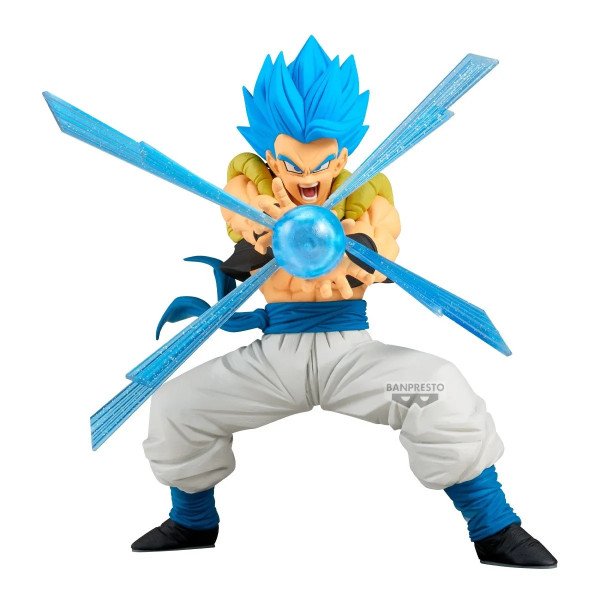 Figurine Gogeta G × Materia Dragon Ball Z Banpresto de face avec Kamehameha bleu