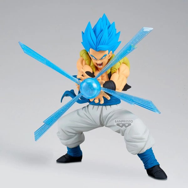 Figurine Gogeta G × Materia vue avant avec cheveux bleus, pantalon blanc et aura bleue