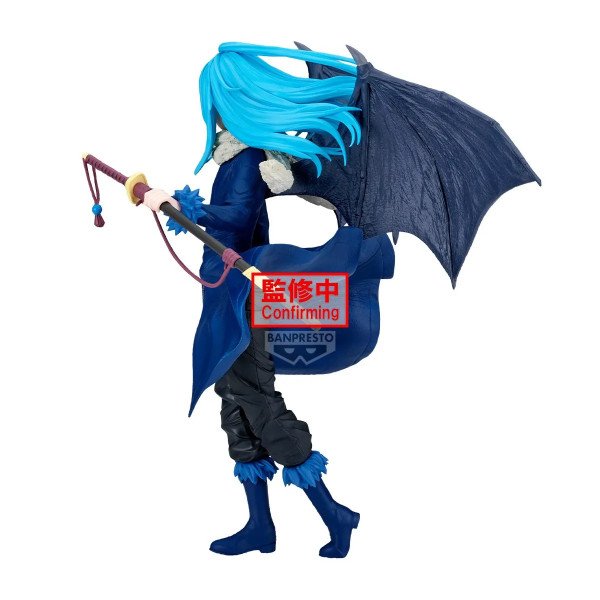 Figurine Rimuru Tempest vue de profil avec cheveux bleus, cape et katana