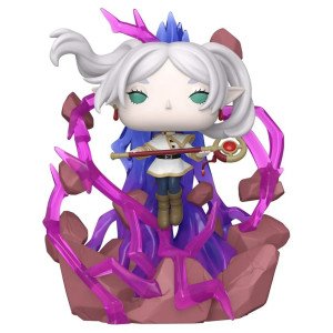 Figurine POP Deluxe Frieren vs Replica Funko avec effets magiques violets et décor rocheux