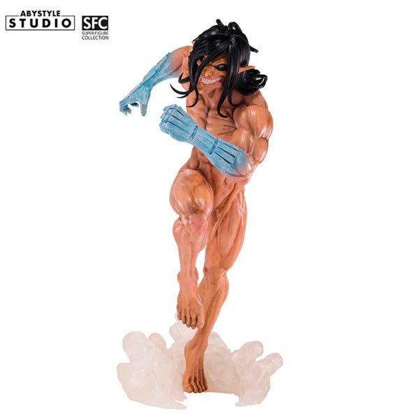 Figurine Eren Titan Assaillant de face avec avant-bras durcis et socle de fumée translucide