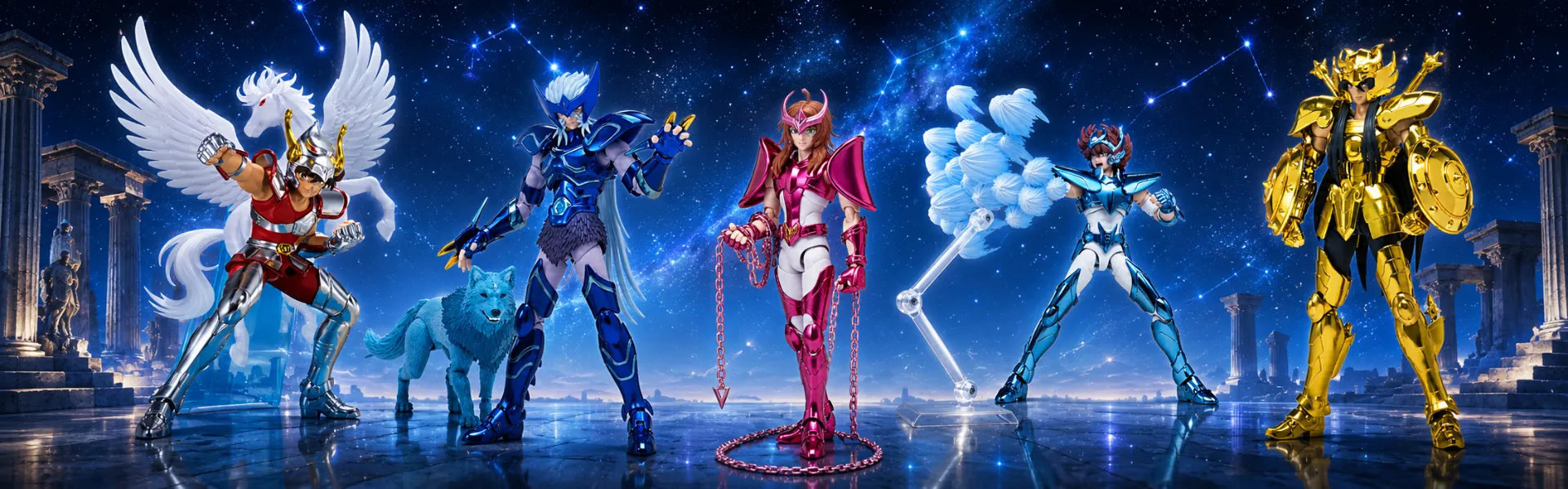 Figurines saint seiya avec un fond